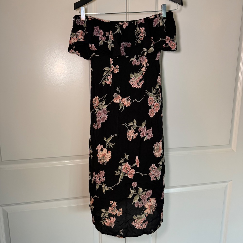 Flynn Skye Black Floral Off The Shoulder Ruffle Midi Dress Size M Made USA